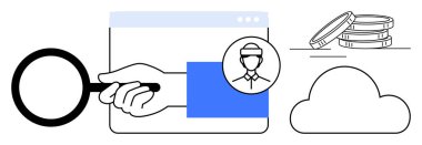 El, tarayıcı penceresindeki kullanıcı profilini analiz etmek için büyüteç kullanıyor. Yakınlardaki madeni paralar ve bulut yığınları. Analiz, arama, veri, kimlik, teknoloji, dijital güvenliği finanse etmek için ideal. Basit düz