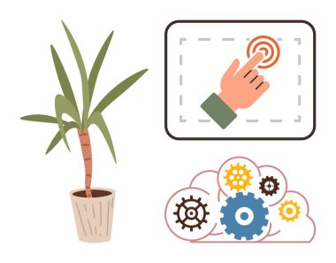 Dokunmatik ekran, doğayı sembolize eden saksı bitkisi ve birbirine bağlı dişli tekerleklerle el etkileşimi. Yenilik, verimlilik, teknoloji, eko-denge, sürdürülebilirlik, takım çalışması ve ilerleme için ideal