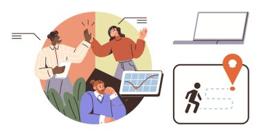 Haritalarla, takım tartışmalarıyla, analiz için dizüstü bilgisayarla ve yer belirleyiciyle yol planlamasıyla beyin fırtınası yapan bir iş ekibi. Takım çalışması, üretkenlik, strateji, navigasyon ve işbirliği için ideal