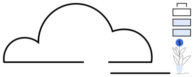 Yığınla veri bloğu olan bulut hatları, bitkinin üzerinde büyüyen parasal işaretler. Finans, teknoloji, yenilik, veri, iş büyümesi, tasarruf ekolojisi için ideal. Basit düz metafor