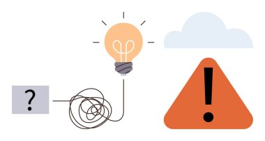 Soru işareti karmaşık bir çizgiye yol açar. Ampulü çözer ve bulut altında uyarı işareti oluşturur. Problem çözme, yenilik, beyin fırtınası, risk yönetimi, yaratıcılık, belirsizlik, basit düz