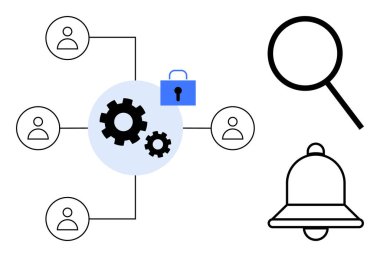 Bağlı kullanıcılar, vitesler, mavi kilit, büyüteç ve zil. Takım çalışması, güvenlik, operasyon tebligatları iletişim sistemi yönetimi ve optimizasyonu için ideal. Minimalist düz metafor