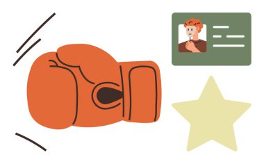 Hareketli boks eldiveni, profilli kimlik kartı ve yıldız unsuru. Sportmenlik, rekabet, tanınma, başarı, kişisel büyüme, motivasyon takım çalışması için ideal basit düz metafor