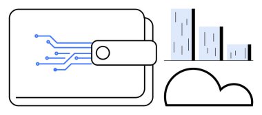Devre çizgileri olan dijital cüzdan, bulut simgesi ve finans, dijital ödeme, veri depolama, teknoloji, analitik, fintech yenilik ve güvenliği simgeleyen bar grafiği. Dijital ilerleme için ideal