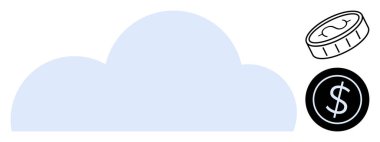 Para ve dolar sembollü mavi bulut dijital tasarrufları, güvenli online finansmanı ve bulut teknolojisini temsil ediyor. Fintech, yatırım, e-ticaret veya tasarruf teması için ideal. Basit düz metafor