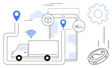 GPS pimleri, kablosuz sinyal ikonu, bozuk para, dişli ve bulutlu nakliye kamyonu rotası. Lojistik, ulaşım, nakliye zinciri teknolojisi dağıtım dijital ekonomisi için idealdir. Basit.