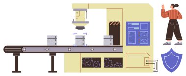 Robotik silah montaj ürünleriyle otomatik taşıma sistemi, bir işçi tarafından denetleniyor. Üretim, teknoloji, yenilik, otomasyon, endüstri, iş akışı kalite kontrolü için ideal. Basit düz