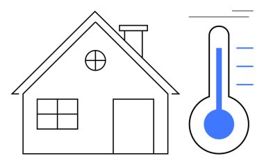 Baca ve pencereli ev taslağı. Mavi termometre iç ısıyı gösteriyor. Enerji verimliliği, iklim kontrolü, ev konforu, sürdürülebilirlik, ısıtma sistemleri, soğutma için ideal