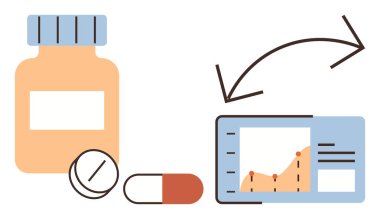 Oklu ilaç kutusu, hap ve istatistiksel grafik sağlık izleme, tıbbi ilerleme ve veri analizini vurguluyor. Sağlık, araştırma, analiz, tedavi teknolojisi için ideal