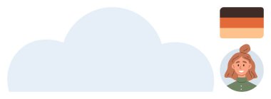 Mavi bulut şekli, neşeli ifadeli kadın karakteri ve soluk tonlu renk paleti. Markalaşma, yaratıcılık, tasarım düşünme, ağ oluşturma, kullanıcı profili, ilham kaynağı basit düz metafor