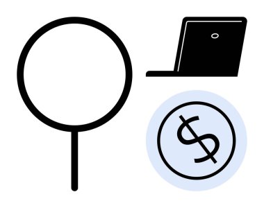 Büyüteç, finansal araştırma, teknoloji ve yatırımı temsil eden bir dizüstü bilgisayar ve dolar işareti yakınındaki analizi sembolize eder. Para yönetimi için ideal, çevrimiçi iş, e-ticaret, veri