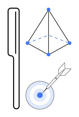 Geometrik prizmanın yanında büyüteç ve oklu bir hedef. Hassasiyet, teftiş, hedef belirleme, analitik, öğrenme, geometri, problem çözme için ideal. En az düz metafor