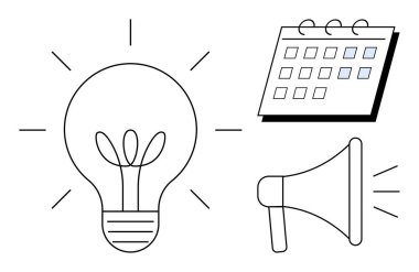 Fikirler için ampul, zamanlama için takvim, iletişim için megafon. Yenilik, organizasyon, pazarlama, takım çalışması, üretkenlik stratejisi planlaması için ideal. Minimalist düz