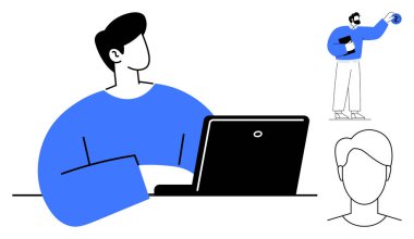 Dizüstü bilgisayarda çalışan biri, profesyonel olarak bir fikir sunuyor ve profil çizimi yapıyor. Yaratıcılık, işbirliği, takım çalışması, eğitim ve yenilikçi iş bağlantıları için idealdir. A