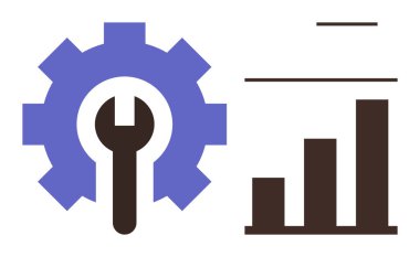 Büyüme ve optimizasyon için yükselen çubuk grafiğinin yanında anahtar ve mekaniği sembolize eden bir vites. Mühendislik, analitik, üretkenlik, veri yönetimi, strateji, ilerleme için ideal