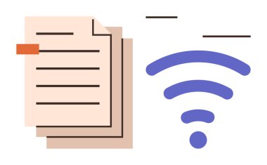 Mor kablosuz sinyal simgesinin yanındaki yazıları temsil eden, bağlantı gösteren kağıt belge. İletişim, teknoloji, dosya paylaşımı, bulut depolama, takım çalışması, uzak çalışma için ideal
