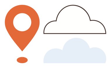 Turuncu coğrafi konum belirleme iğnesi, bulut şekilleri, konum izleme, bulut depolama, veri paylaşımı ve küresel bağlantıyı sembolize eder. Ulaşım, teknoloji ve haritalama için ideal