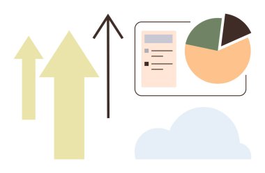 Yukarıdaki oklar büyümeyi temsil ediyor, pasta grafiği veri analizi gösteriyor ve bulut bulut depolama veya teknoloji öneriyor. Eğilimler, analitikler, dijital strateji, büyüme, iş ve tahmin için ideal