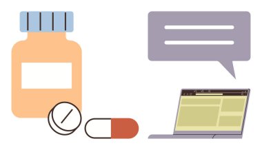 İlaç şişesi, hap, kapsül, dizüstü bilgisayar ve mesaj baloncuğu dijital sağlık hizmetleri, teletıp, ilaç, hasta iletişimi e-reçeteleri sanal tavsiyeleri vurguluyor. Sağlık hizmetleri için ideal