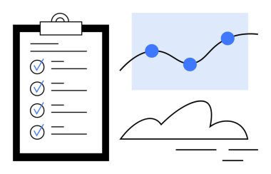 Tamamlanmış görevleri gösteren kontrol listesi, büyüme eğilimli bir grafik ve bulut tasarımı. Üretkenlik, planlama, görev yönetimi, ilerleme takibi, iş stratejisi veri analizi için ideal. Basit düz
