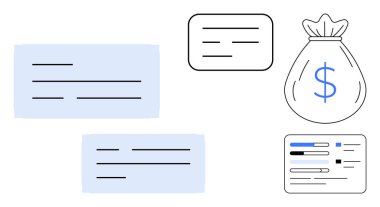 Metin satırları olan mali belgeler dolar işaretli para çantası, veri görselleştirme elemanları. Finans, planlama, tasarruf, bütçe ve muhasebe yatırımları için ideal. Basit düz