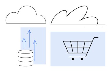 Veritabanı simgesi ve yukarı doğru okları olan bulut bir alışveriş arabasının yanında bulut depolamayı işaret ediyor. Bulut teknolojisi, e-ticaret, veri analizleri, otomasyon, dijital ekonomi, iş büyümesi için ideal