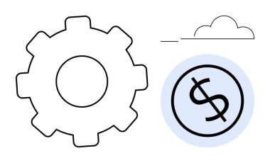 Vites ve dolar madeni para, verimliliği ve kazancı minimalist bulut ikonu ile sembolize eder. Yenilik, yatırım, iş stratejisi, otomasyon, fintech, sürdürülebilir büyüme için ideal, basit düz