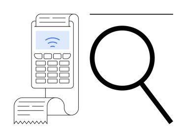 Fatura rulosuyla ödeme terminali ve işlem analizi, maliyet incelemesi ve finansal şeffaflığı vurgulayan bir büyüteç. Perakende, finans, teknoloji, e-ticaret ve denetim için ideal
