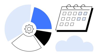 Dişli sembollü turta şeması, işaretli tarihli takvim ve bulut grafiği. Takım çalışması, veri görselleştirme, planlama, planlama, iş akışı organizasyonu modern kavramlar için idealdir. Basit düz