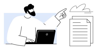 Bilgisayarda çalışırken dijital dosyaların üstündeki bulutu gösteren bir adam. Takım çalışması için ideal, uzak çalışma, bulut hesaplama, dijital dönüşüm, veri paylaşımı, üretkenlik, basit düz