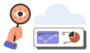 El ele tutuşan büyüteç bulutların üzerinde, grafik ve grafiklerle birlikte veri paneline odaklanıyor. Analiz, bulut teknolojisi, inceleme, dijital araçlar, iş zekası, araştırma, soyut