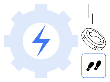 Mavi yıldırımlı dişli, hareket çizgileri olan bozuk para ve enerjiyi, verimliliği, finansal büyümeyi, ilerlemeyi, teknolojiyi, ekonomiyi ve gücü simgeleyen ayak izleri. Yenilik stratejisi için ideal