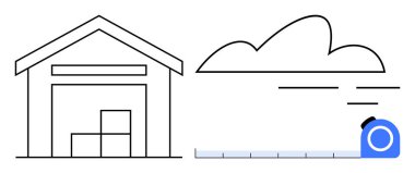 Deponun ana hatları içinde kutular, üstünde bulut sembolü ve yanında mezura var. Lojistik, depolama, veri ölçümü, bulut hizmetleri, organizasyon, envanter ve planlama için ideal