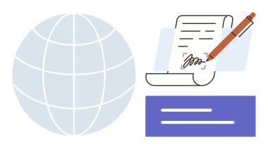 Uluslararası kapsamı simgeleyen küre, kalemle imzalanan sözleşme ve metin belgesi tasarımı. Temalar için ideal küresel iş, iletişim, yasal anlaşmalar, işbirliği