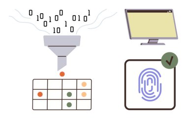 İkili veri bir huniye girer, masaüstü çıktı parmak izi ikonuna dönüşür, erişimi onaylar. Veri işleme, kimlik doğrulama, siber güvenlik, yazılım, dijital dönüşüm, yapay zeka, gizlilik için ideal