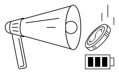 Megafon yansıtmalı ses dalgaları, dairesel mercek ve tek renkli pil ikonu. İletişim, duyuru, medya, teknoloji, yükseltme ses enerjisi kavramları için idealdir. Basit düz
