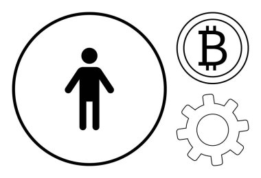 Çemberdeki bir insan figürünün minimalist tasarımı Bitcoin logosu ve vites kutusu. Kripto para birimi, fintech, teknolojik yenilik, iş süreçleri, engelleme zinciri, insan odaklı tasarım için ideal