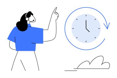 Kulaklık takmış bir kadın saati okla işaret ediyor, zaman odaklaması, verimlilik ve planlama iletiyor. Zamanlama, son teslim tarihi izleme, müşteri hizmetleri, iş-yaşam dengesi, hedef belirleme için ideal