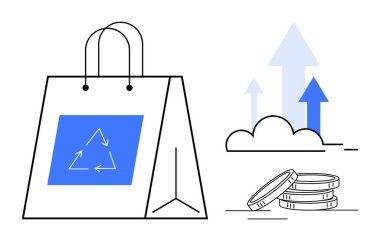 Geri dönüşüm logosuna sahip kağıt alışveriş torbası, bozuk para yığını ve yukarı bakan oklar sürdürülebilirlik, büyüme ve ekolojik bilinç gerektiren bir iş. Ekonomi, çevre, büyüme ve perakende geri dönüşüm için ideal