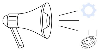 İletişim, strateji ve karlılığı temsil eden bir dişli ve bozuk paraya ses dalgaları salan megafon. İş büyümesi, pazarlama, reklam, sosyal yardım, takım çalışması fikri için idealdir.