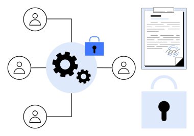 Vites mekanizması, ağ asma kilitlerindeki bireyleri birbirine bağlıyor ve imzalanmış belge güvenlik, takım çalışması ve veri korumasını simgeliyor. Siber güvenlik, yasal anlaşmalar, yönetim, iş akışı için ideal
