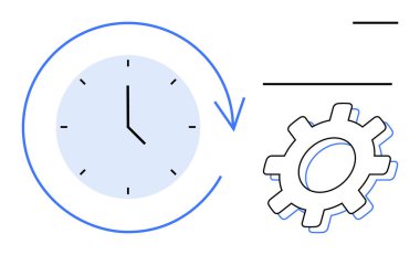 Saat ve ok zaman yönetimini sembolize ediyor. Süreç ve verimlilik için bir dişli ile eşleştiriliyor. Verimlilik, iş akışı, planlama, yenilik, organizasyon, strateji için ideal, basit düz metafor