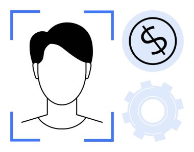 Tarama sınırları içinde baş silueti, dolar simgesi, dişli simgesi. Teknoloji, finans, yenilik, yapay zeka, kimlik güvenlik süreci için idealdir. Basit düz metaforu temsil eder