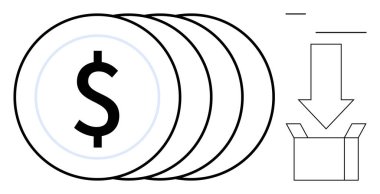 Dolar işareti olan bir yığın bozuk para ve bir kutuya doğru inen bir ok. Finans, tasarruf, yatırım, bütçe, gelir, nakit yönetimi ve ekonomik strateji için ideal. Basit düz metafor