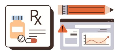 İlaç şişesi, haplar, reçete kâğıdı, uyarı ikonu, kalem ve veri grafiği. Sağlık hizmetleri, ilaç analizi, veri güvenliği tıbbi araştırmalar için idealdir. Basit bir düz metafor.