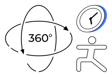 360 derecelik oklar kalın metni, bir saat zaman yönetimini ve basit bir insan figürünü temsil eder. Üretkenlik, zaman verimliliği, fitness, denge, çok yönlülük, bütünsellik için ideal