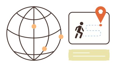 Konum işaretleri olan bir dünya, rota haritasında belirli bir noktaya doğru koşan bir figür. Seyahat, navigasyon, teknoloji, lojistik, yolculuk, keşif bağlantısı için ideal. Basit düz