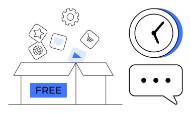 Açık kutuda serbest bırakılan ikonlar, başparmak teçhizat, yıldız, dünya ve araba. Saat ve sohbet baloncuğu zamanı ve iletişim temaları vurguluyor. Organizasyon, zaman, işbirliği ve basitlik için ideal
