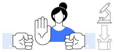 Çatışmayı durdurmak için elini kaldıran kadın yumruk mikroskobuyla çevrelenmiş bilim demektir. İndirme kutusu veri taşır. Takım çalışması, bilim, müzakere, etik, sınırlar, iletişim için ideal