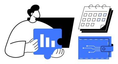 Üzerinde takvim ve dijital cüzdan olan bir yapboz parçası tutan kişi. Finans, programlama, planlama, problem çözme, dijital araçlar, teknoloji ve organizasyon için ideal. Basit düz metafor